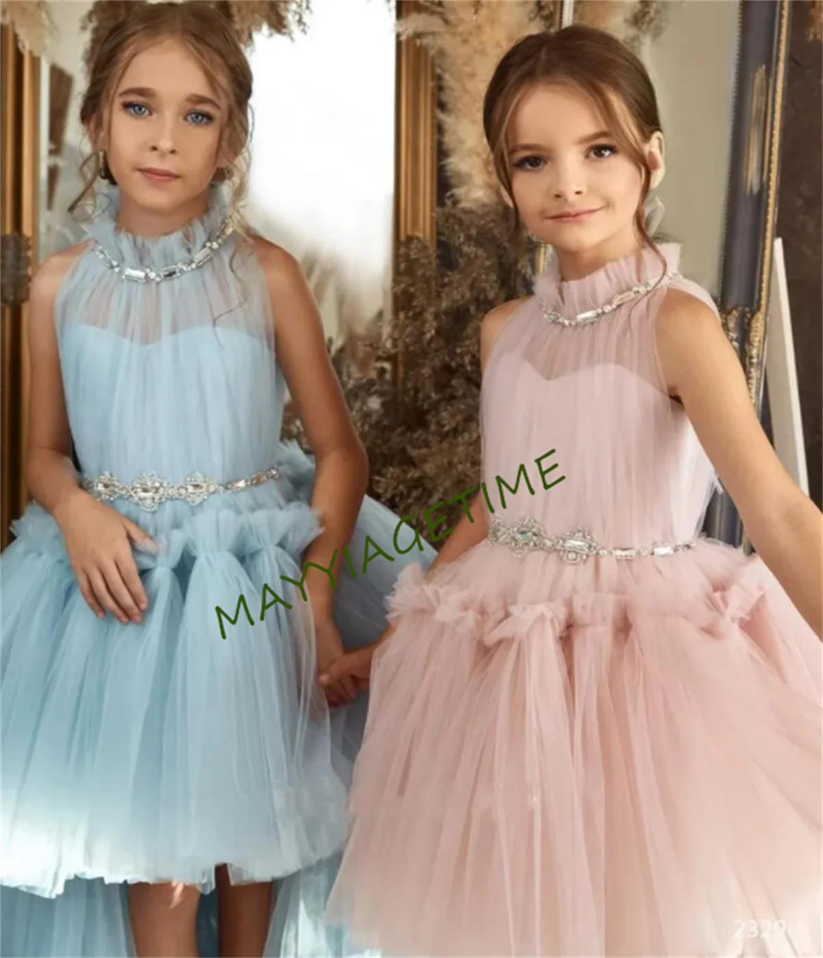 

Simple Satin Flower Girl Dess For Wedding Floor Length Short Sleeeve With Bow Elegant Kids Birthday Party First Communion Gowns