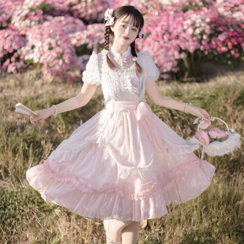 Vestido rosa Kawaii Lolita para mujer, dulce tulipán bordado de flores, manga corta abullonada, vestido de princesa Harajuku, vestido Hanfu de estilo chino