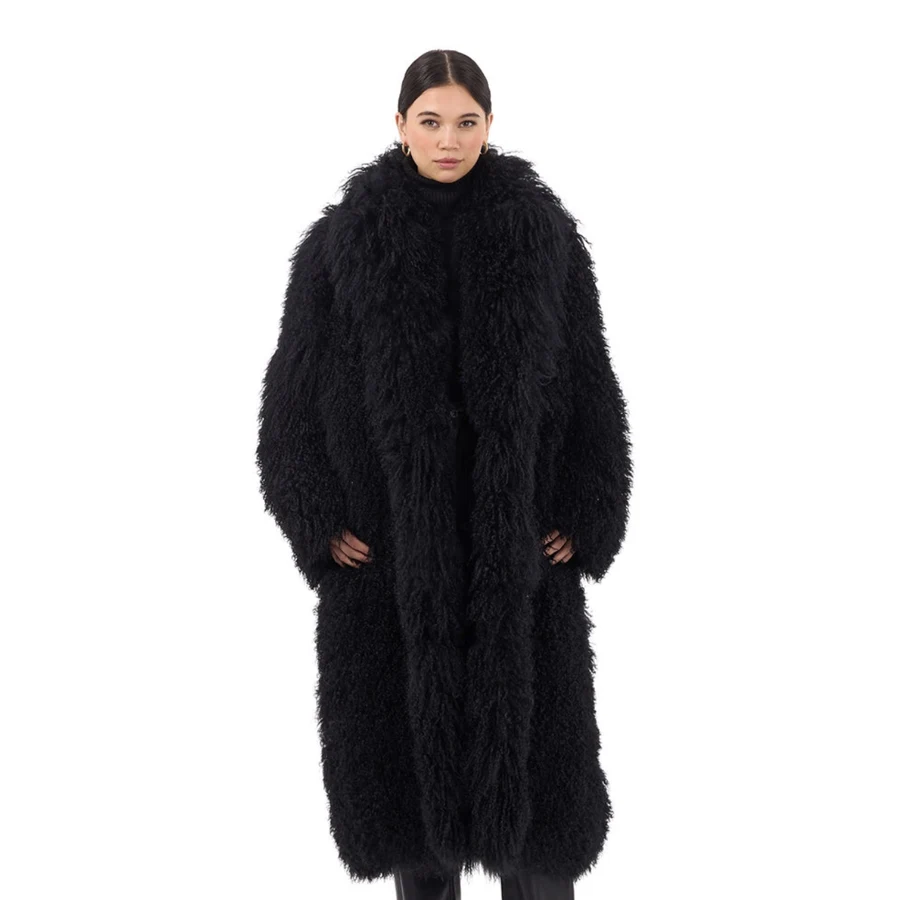 สุภาพสตรีมองโกเลียแกะขนสัตว์ยาวหนังแกะจริงสําหรับผู้หญิงทิเบตLamb Fur Coat 2024