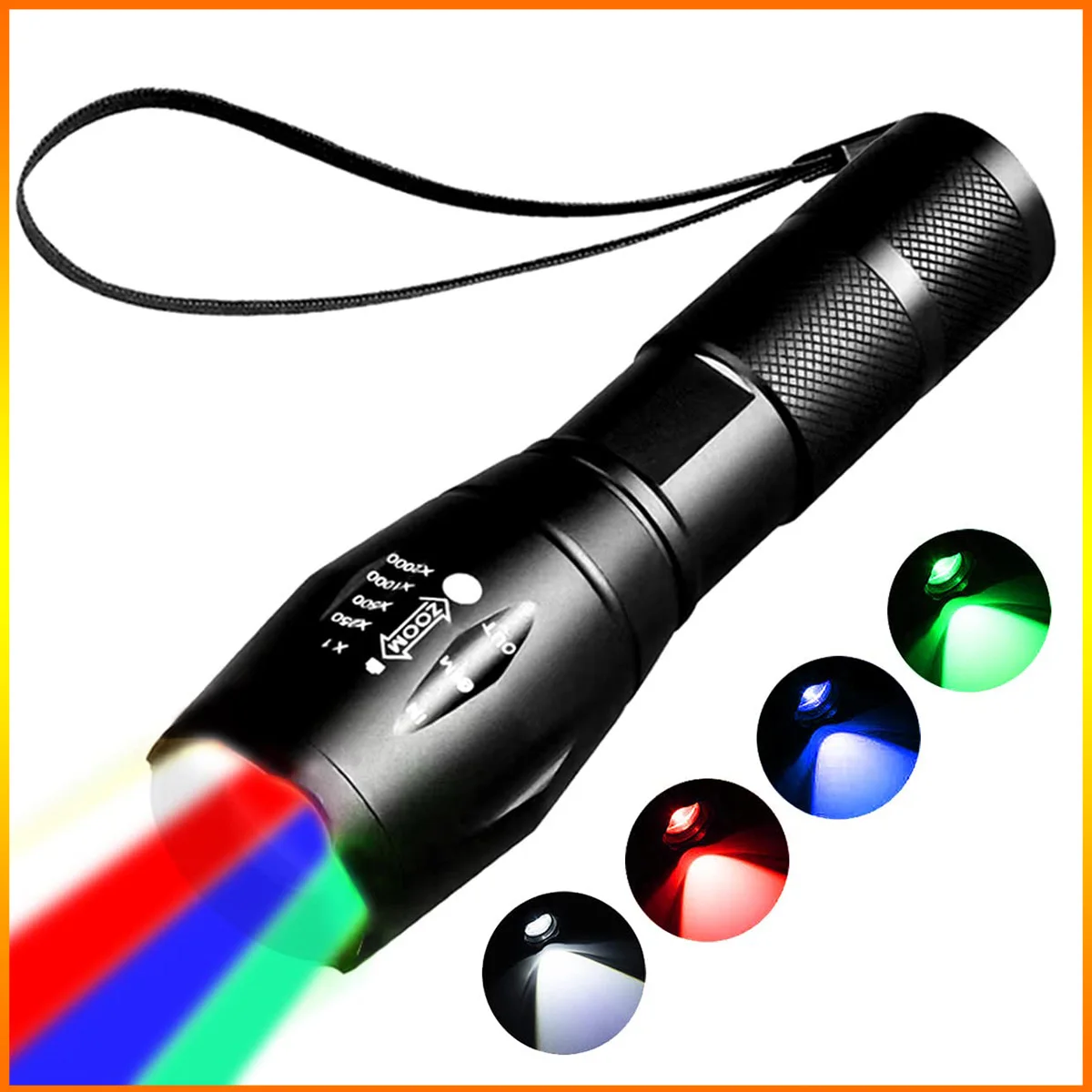 FANDAO Rechargeable 4 Color in 1 LED White Red Blue and Green Flashlight Lights Flash Light 4 Modes Zoomable for Camping Outdoor