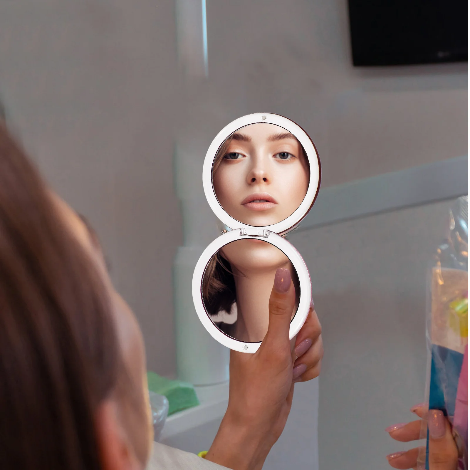 ハンドヘルドミラー 拡大鏡 ポータブル 小型 折りたたみ式 コンパクト 折りたたみ式 メイクアップ トラベル バニティ