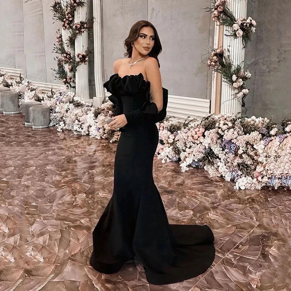 

Sexy Black Satin Mermaid Off Shoulder Evening Celebrity Dresses For Woman Pleats Formal Bridesmaid Gown Party Celebrity Dress