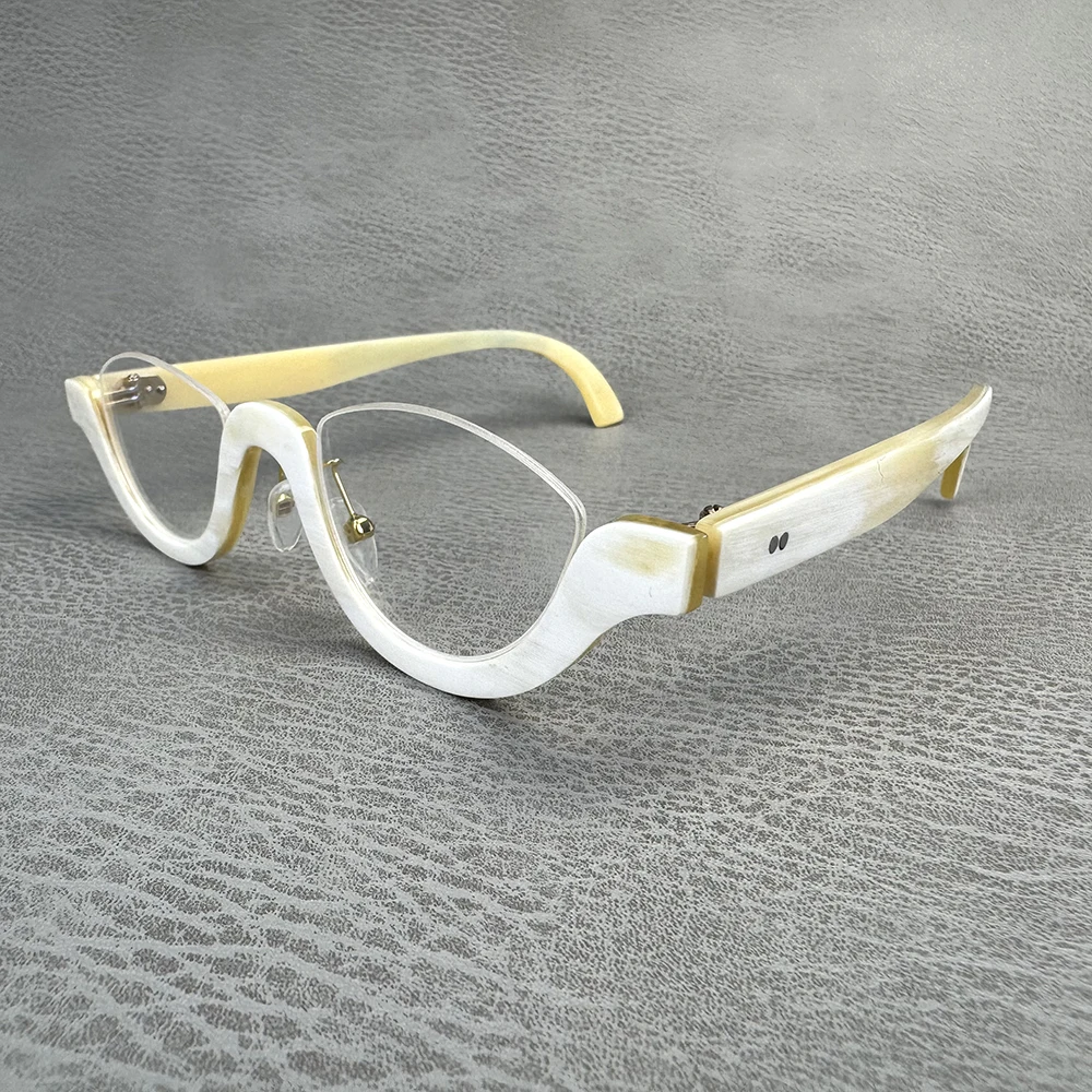 

Man Glasses Frames Unique Vintage Inverted Half Frame Handmade White Horn Prescription Reading Eyeglass Frames Myopia Eyeglasses