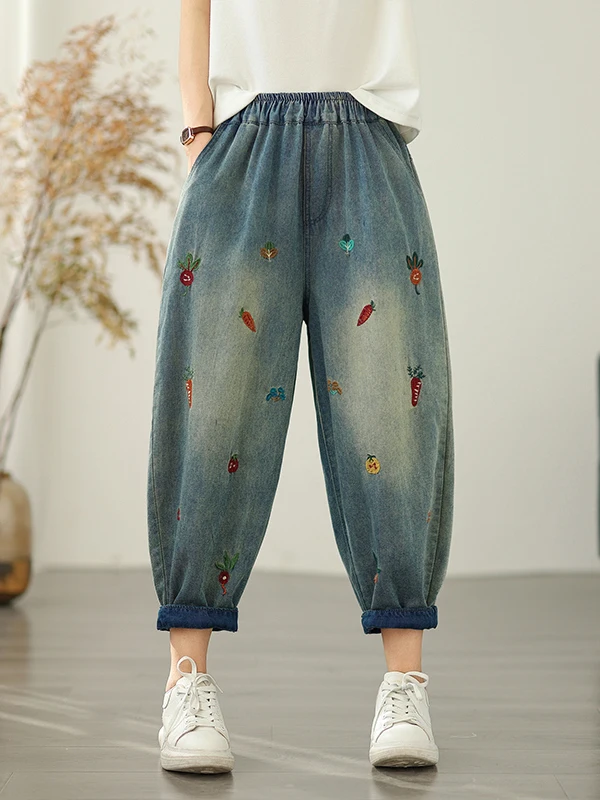 

Elegant Embroidered Denim Loose Slimming Nine-Piece Thin Harlan Pants Women's Summer Ethnic Style Casual High Waist Elastic