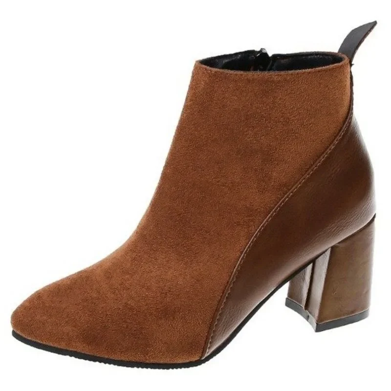 2026 Autumn/Winter Women Ankle Boots Pointed Fashion Short Boots Suede Panel Side Zipper Thick Heels Women\'s Shoes Large 44