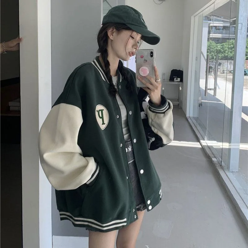 Chaquetas universitarias de estilo coreano para mujer, abrigos Bomber verdes, ropa de calle suelta, chaqueta de béisbol Harajuku de gran tamaño para