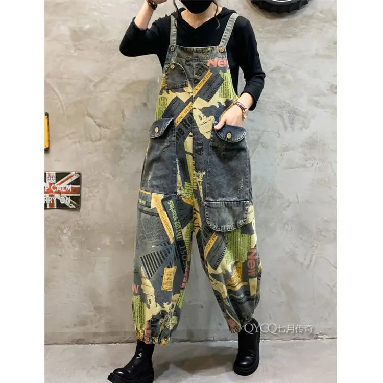 Nuove tute di jeans da donna primavera autunno tute stampate larghe moda retrò femminile casual spallacci pantaloni in denim
