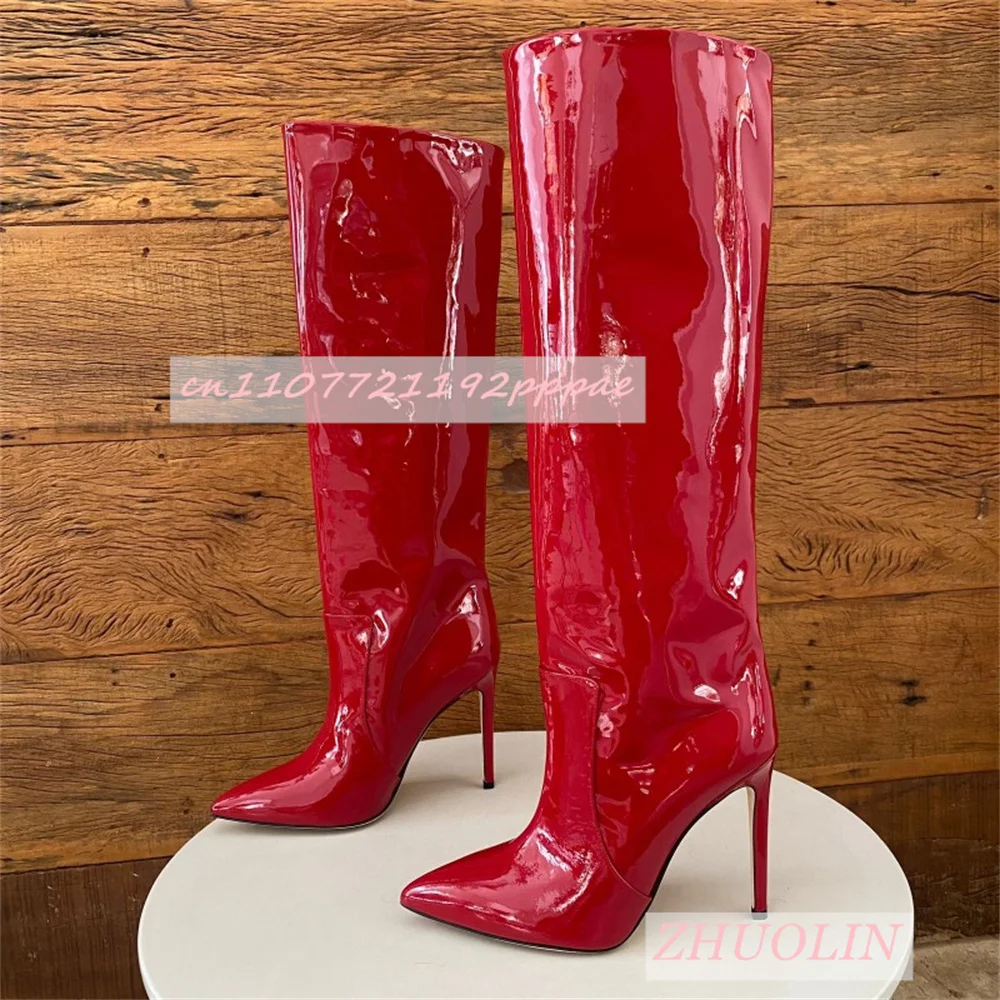 

Autumn Red Shiny Stiletto Knee-High Boots Women'S Splicing Pointed Straight Boots Fashion Catwalk Dress Modern Boots Big Size 46