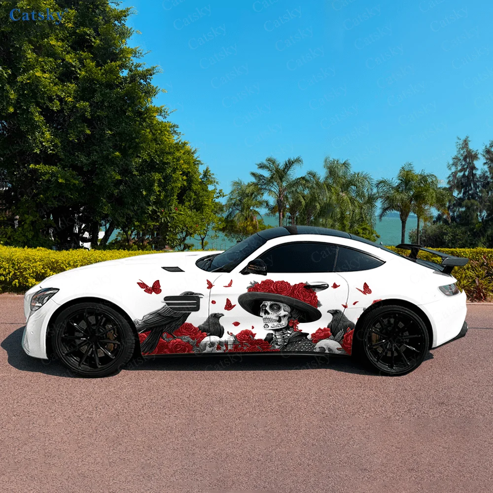 

Day of The Dead Skeleton Crow Car Vinyl Wraps Decal Selfadhesive PVC Sticker Suitable for Trucks SUV Decor Auto Accessories Gift