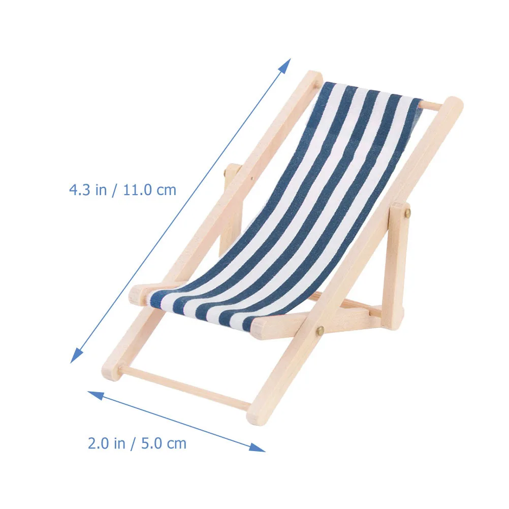2Pcs Miniature Beach Chairs Foldable Wood Cloth Striped Design Wear-Resistant Lightweight Mini House Decoration Birthday Gifts