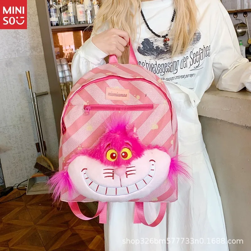 

Miniso Sweet Cheshire Cat Backpack, Japanese Anime Colorblock Bag, Cute Plush Bookbag for Teens