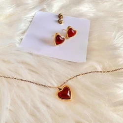 Carnelian Necklace Earrings, Stainless Steel Charm Heart Crystal Necklace Christmas Valentine's Day Gift for Her Wife Girlfriend