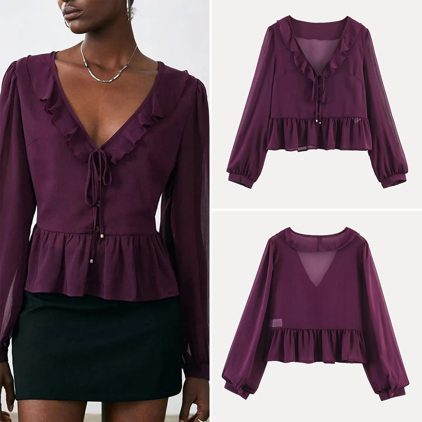 

Fashionable Sweet V-neck Tunic Top Women's Clothing Spring 2026 Simple Versatile Lace Trim Long Sleeve Short Length Shirt