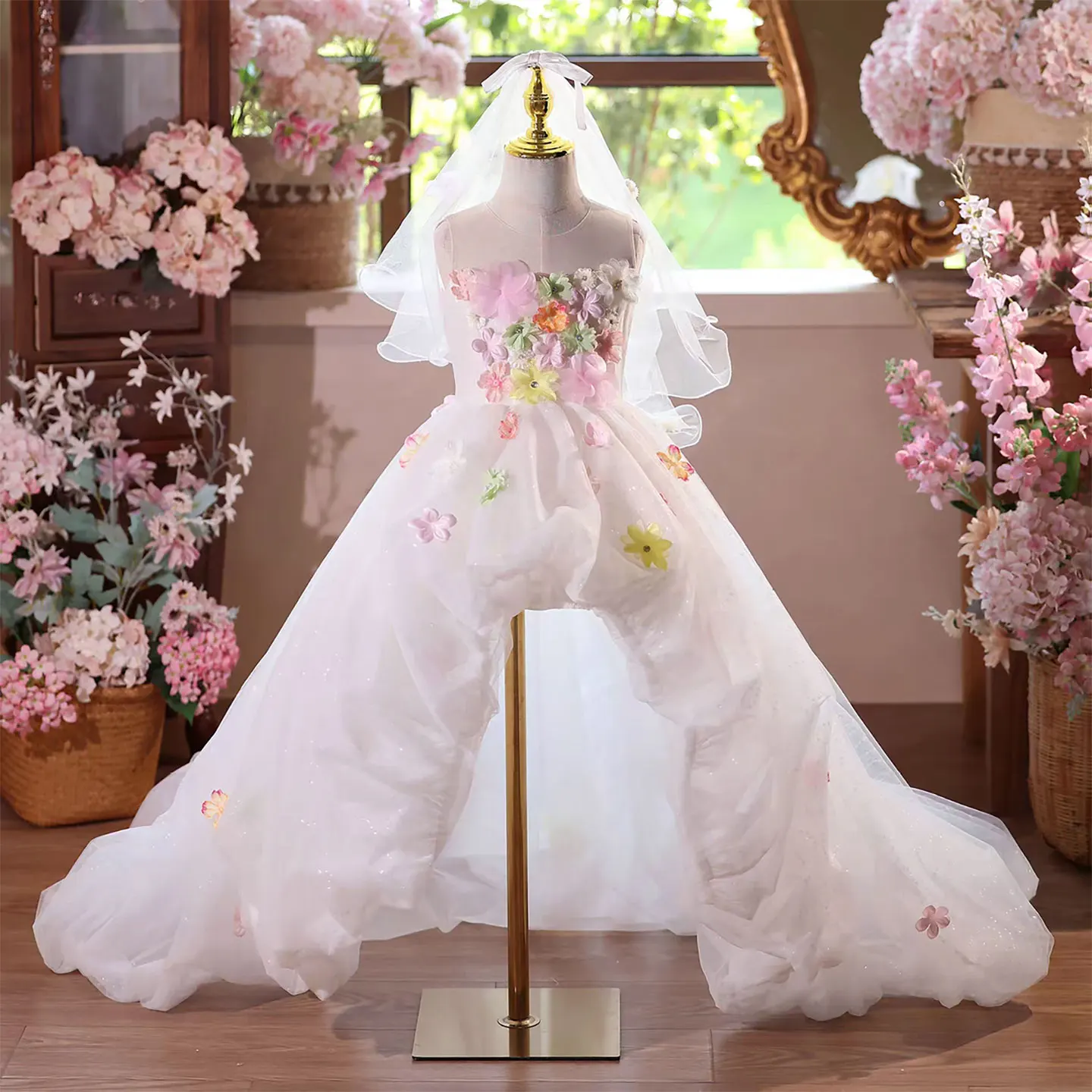 Jill Wish J573 Elegant White  Flower Girl Dress 3D Flowers Hi-Low Kids Princess Wedding Pageant Birthday Party Evening Gown