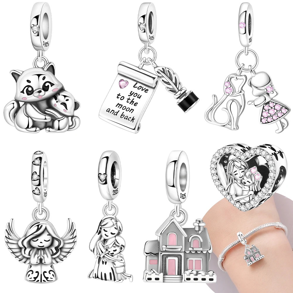 Engel Mutter Kind Haustier Hund Versilberte Perlen Original Charms Passend für Armbänder Taschen Schlüsselanhänger DIY Frauen Geschenk Accessoire