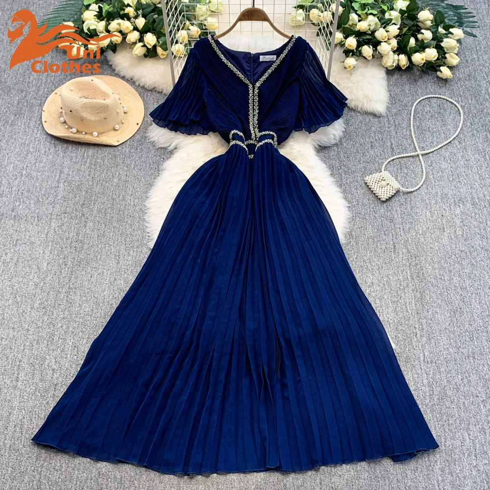 

UNI 2025 Summer Crystal Loose Short Sleeve Maxi Pleated Chiffon Dress For Women Elegant Prom Evening Party Long Dresses Lady