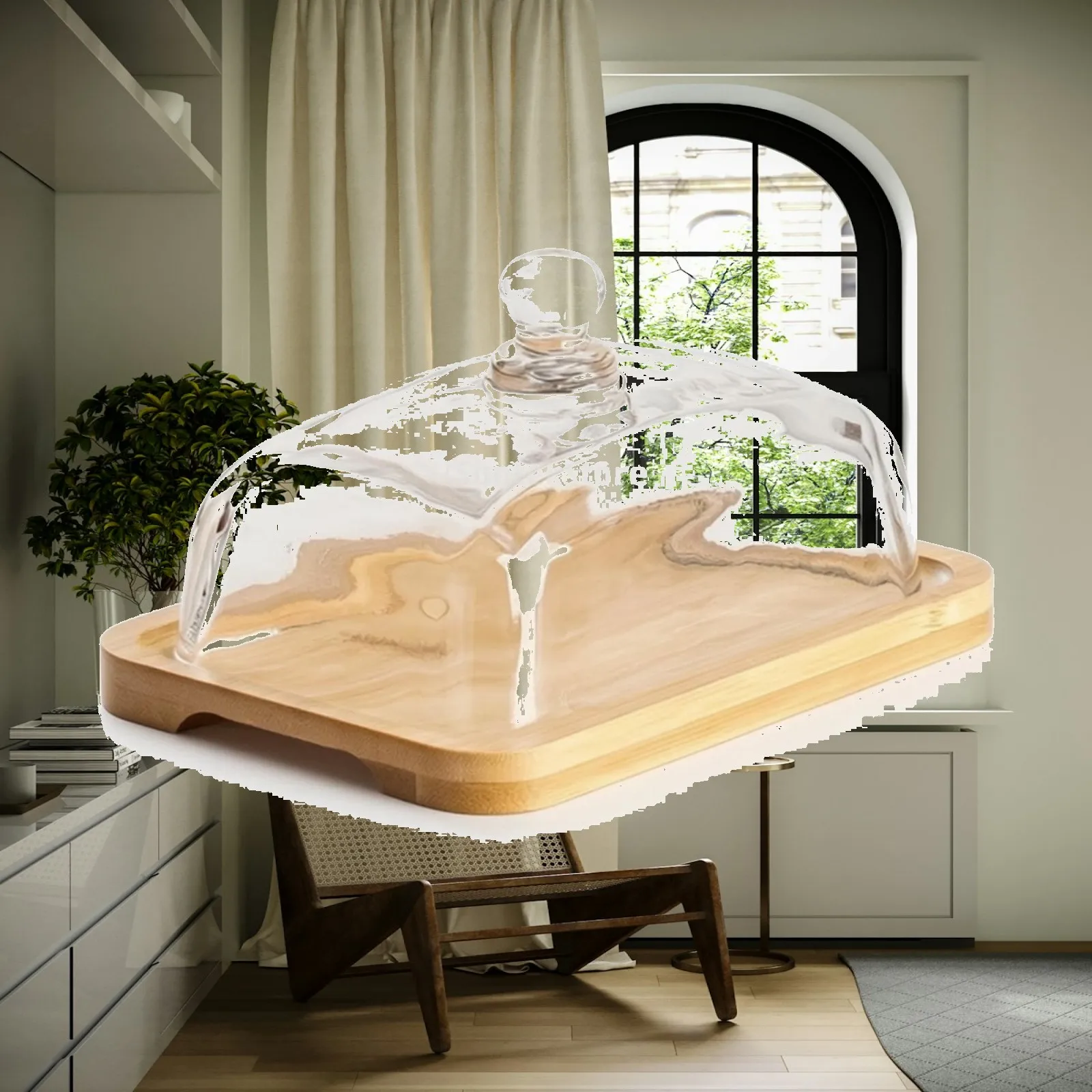Rectangular Dessert Plate Bamboo Base Glass Dome Butter Dish Cheese Platter Rustic Serving Tray for Parties