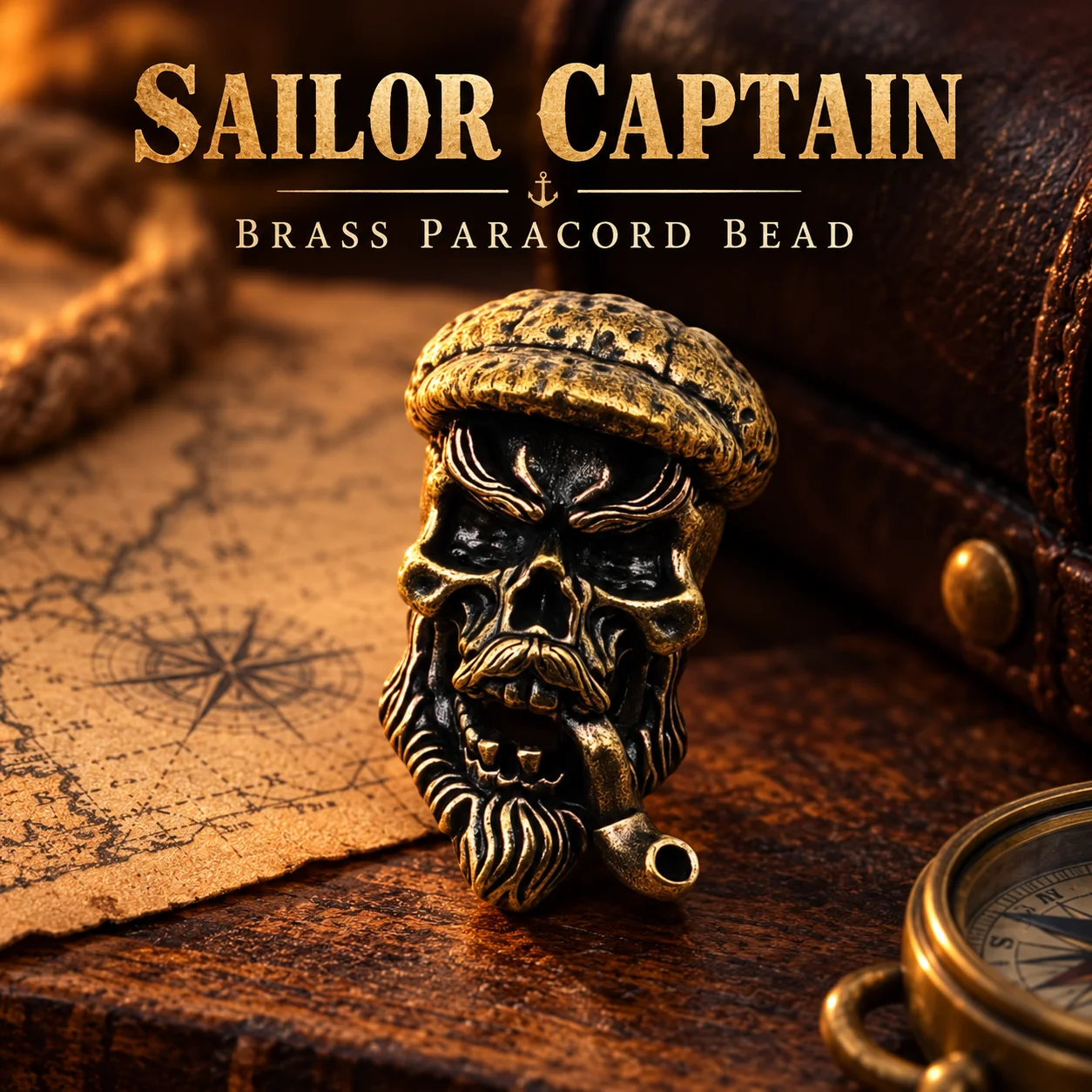 Paracord Survival Bracelet - Antique Brass Sailor Captain Skull Paracord