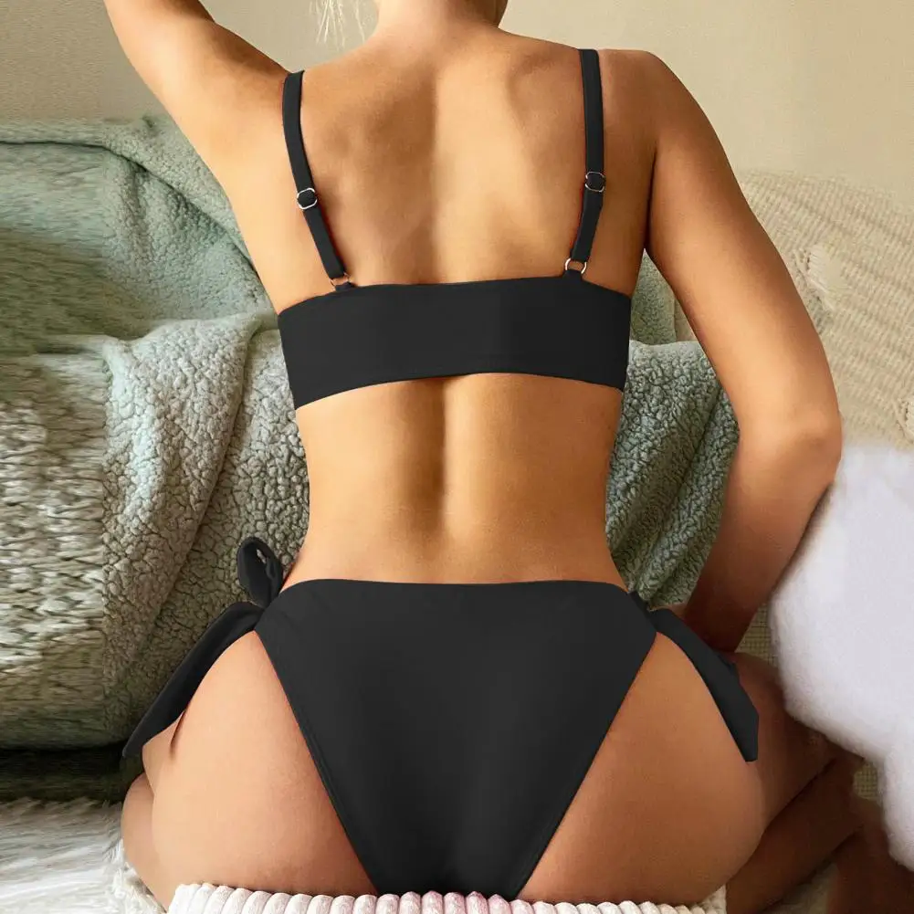 Conjunto de Bikini con tirantes finos para mujer, traje de baño Sexy con cuello en V y Espalda descubierta, anudado sujetador de Color sólido, bragas de cintura alta, ropa de playa