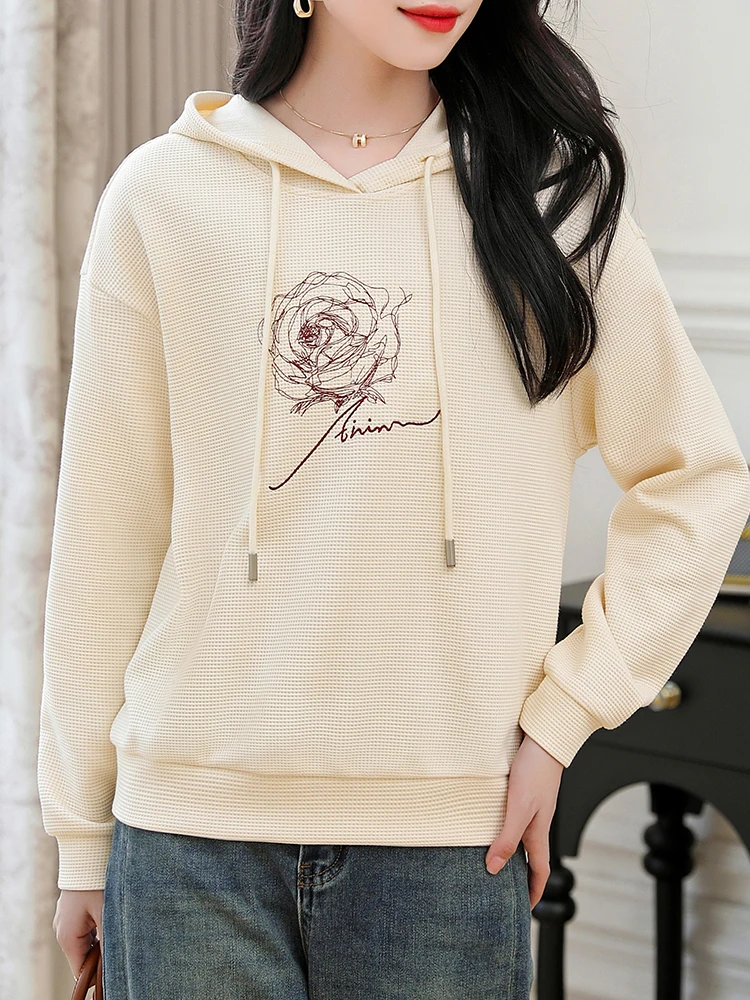 

Autumn Winter Hoodies Women Long Sleeve Pullovers Embroidered Floral Waffle Pattern Loose Casual Jumper Hooded Sweatshirts