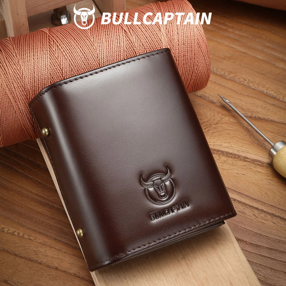 BULLCAPTAIN RFID Blocking Men Card Holder Man Vintage Cow Genuine Leather Wallet Male Handmade Billfold Coin Purse Short Wallet