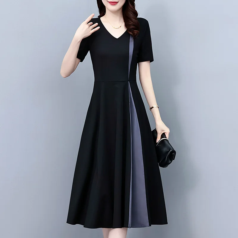 

Summer Long Dress Short Sleeve Color Block Hepburn Style Women's Dress Design Sensation A-Line Cotton Polyester Blend V-Neck