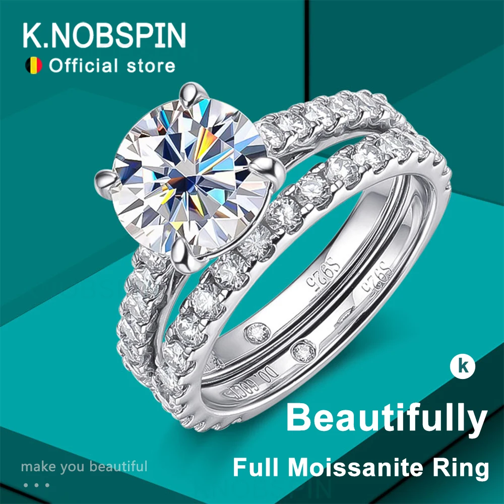 KNOBSPIN D VVS1 pierścionki z moissanitem dla kobiet musujące diamentowe zestawy ślubne z GRA s925 srebro platerowane 18k opaska wieczna