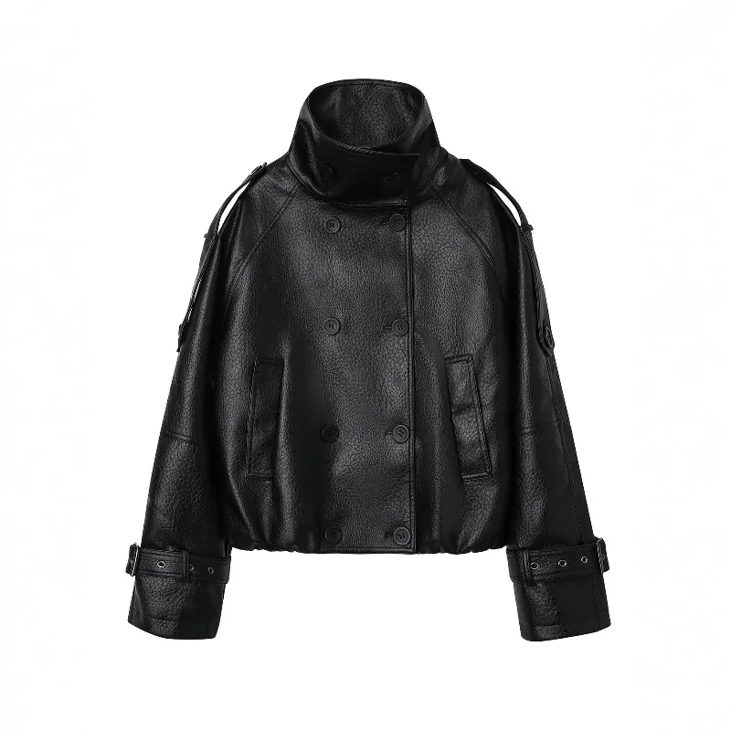 Autumn High-stand-up Collar Double-breasted Leather Jacket for Women. Epaulets Cufflinks Retro Motorcycle Style Leather Jacket.