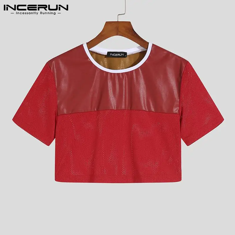 INCERUN 2024 Men Crop Tops Patchwork O-neck Short Sleeve T Shirts Streetwear See Through Sexy Party Fashion Men Clothing S-5XL