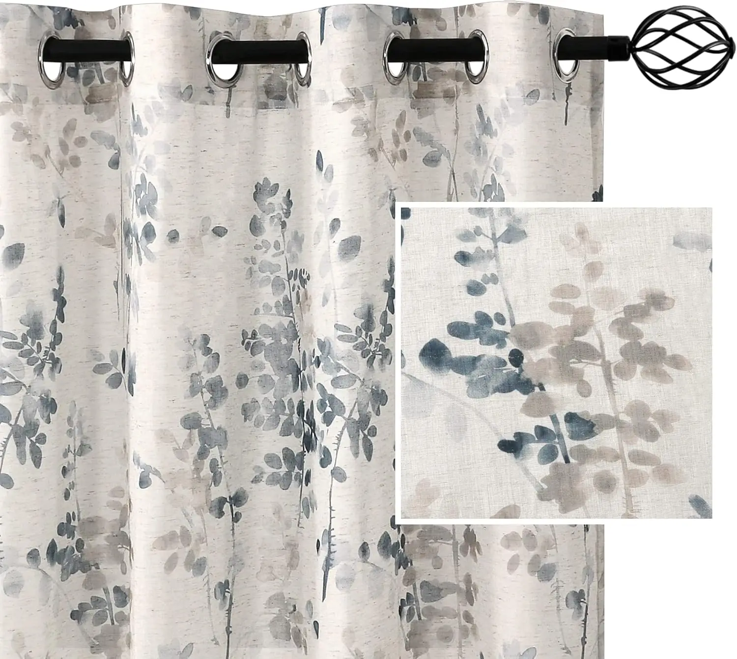 

Sheer Linen Curtains 63 Inch Long Semi Sheer Curtains Draperies for Living Room/Bedroom Vintage Classical Floral Printin