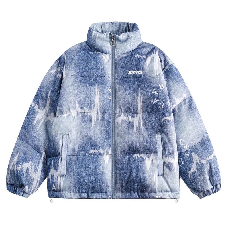 

Men Tie Dyed Cotton Parka American Harajuku High Street Standing Collar Couple Bread Jacket Fashionable Casual Letter Print Coat