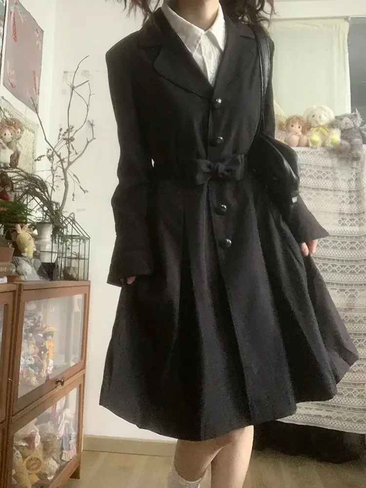

Vintage Y2K Slim Trench Coat for Women, Retro Chic Black Overcoat, Korean Fashion French Elegant Outwear