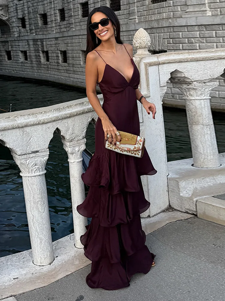 Seksowna długa sukienka z falbankami, damska, bez rękawów, z głębokim dekoltem w serek, rozkloszowana, modna sukienka damska 2025, bez pleców, zapinana na zamek, sukienka na ramiączkach.