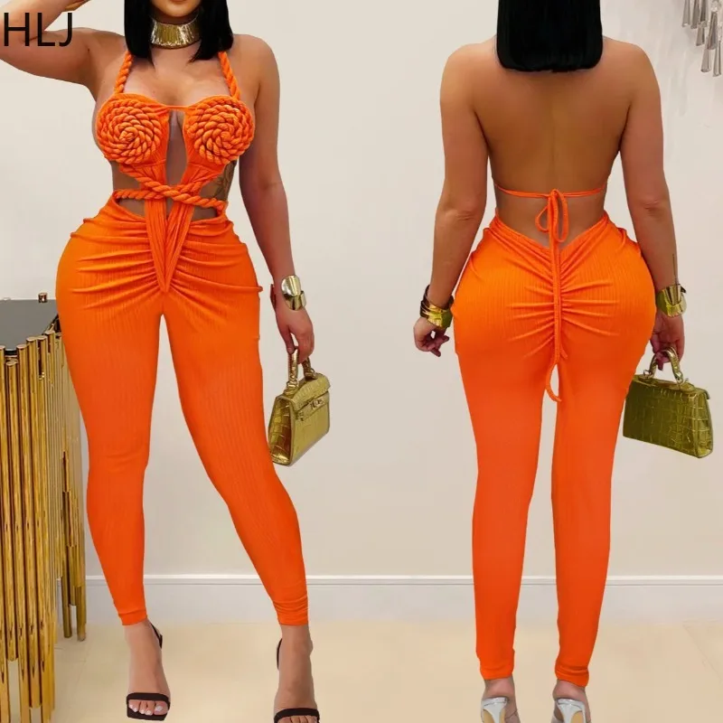 

HLJ Summer New Elegant Bodycon Jumpsuits Women Hollow Out Backless Bandage Rompers Female Party Club Beachwear Overalls 2025