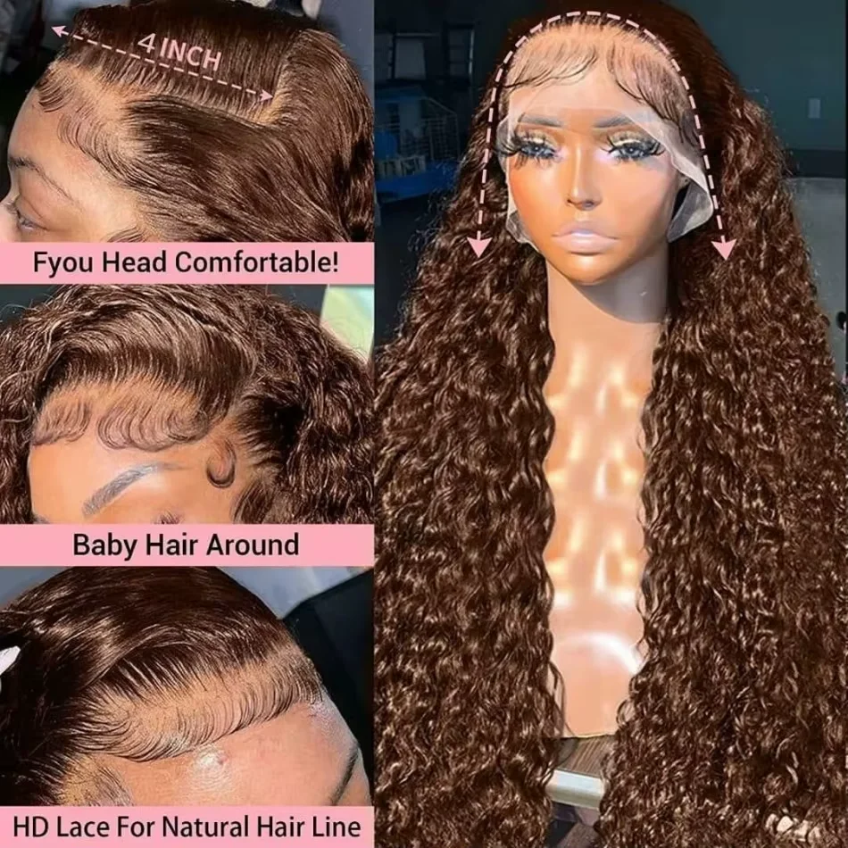 250% Density Chocolate Brown Deep Wave Wigs Human Hair 13x4 13x6 HD Lace Front Human Hair Wig 30 40 Inch Lace Frontal Curly Wig image 4