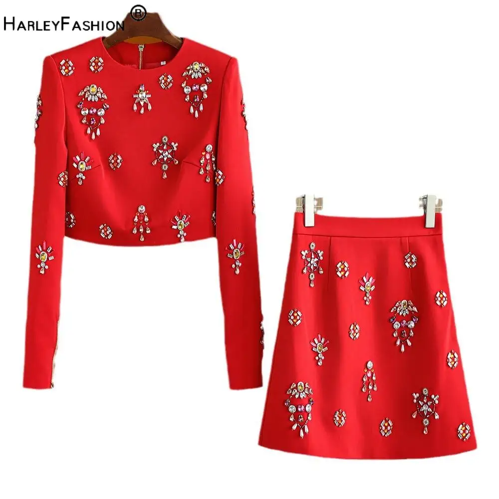 Fine Workmanship Rhinestone Beading Lady Quality Office Suit O-neck Long Sleeve Tops Mini Pencil Skirt Women Solid 2pcs