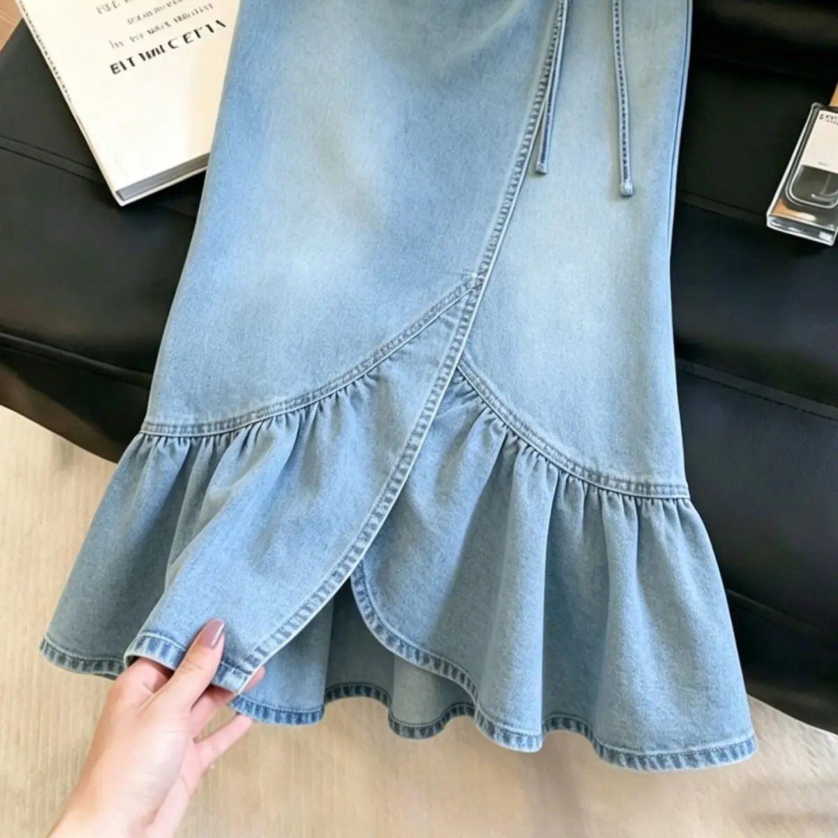 Light Blue Ruffle Leaf Edge Strap Denim Skirt Women New High-waisted Medium and Long Skirt - view 4