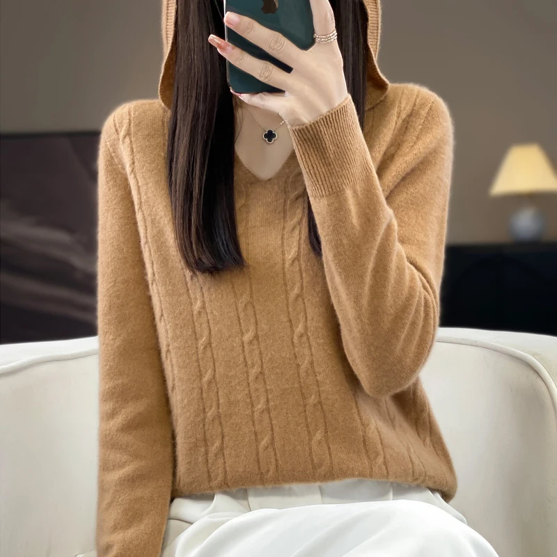 

ZYCZCXX толстовка из 100% мериносовой шерсти, женский пуловер с капюшоном, осенне-зимний новый однотонный вязаный топ, женская одежда