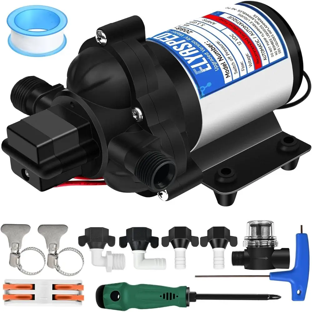 

2025 Upgraded 2088-422-144 RV Fresh Water Pump,12V 3.3GPM Self-Priming Diaphragm Water Pump,45PSI,Includes Pressure Switch and D