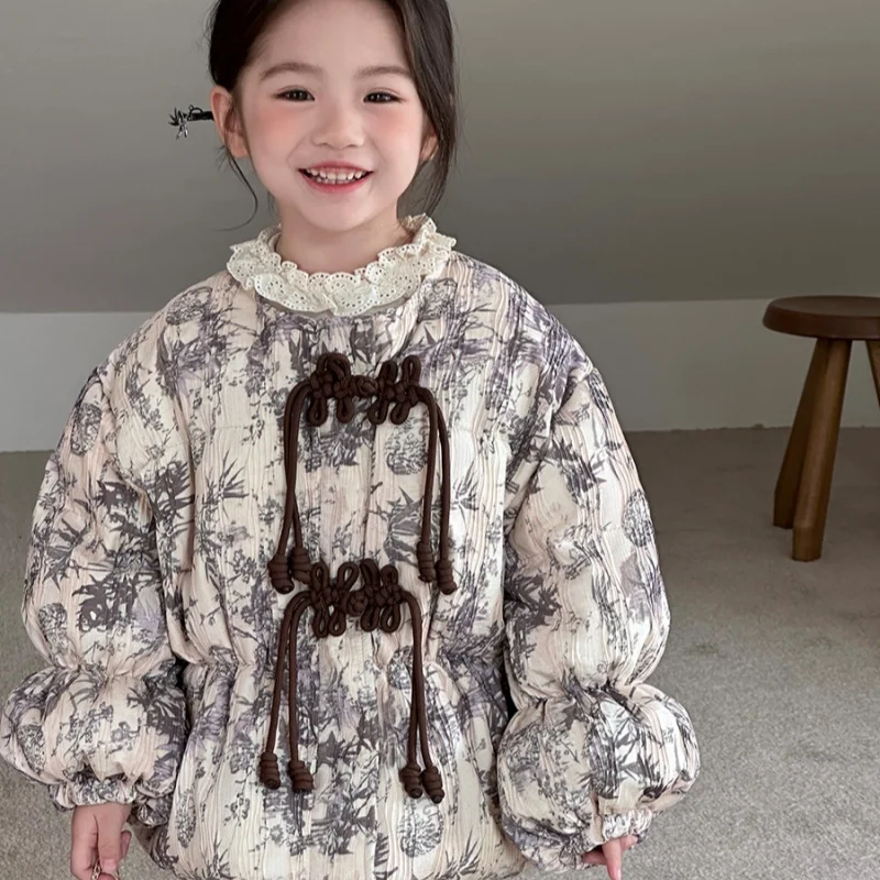 2025 شتاء دافئ موضة 2 3 4 5 6 8 سنوات الأطفال سماكة بطة أسفل ريشة نبات كامل طباعة الاطفال طفل الفتيات سترة معطف