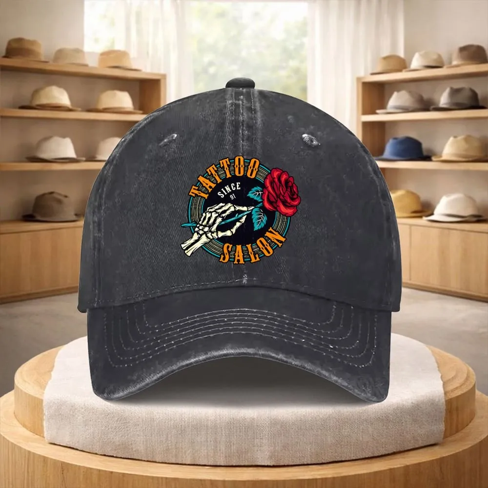 Tattoo Salon Skeleton Rose Baseball Cap Washed Denim Adjustable Vintage Streetwear Hat Unisex