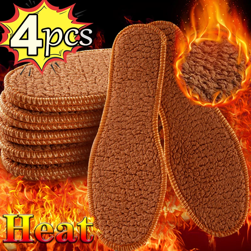 4PCS Thicken Alpaca Plush Warm Shoes Insole Snow Boots Shoe Sole Thermal Insert Winter Sports Insoles Men Woman Heating Pads