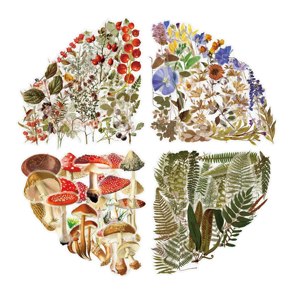 40PCS Transparent PET Vintage Plant Flowers Stickers For Scrapbook DIY Wall Notebook Mushroom Sticker Scrapbooking Material