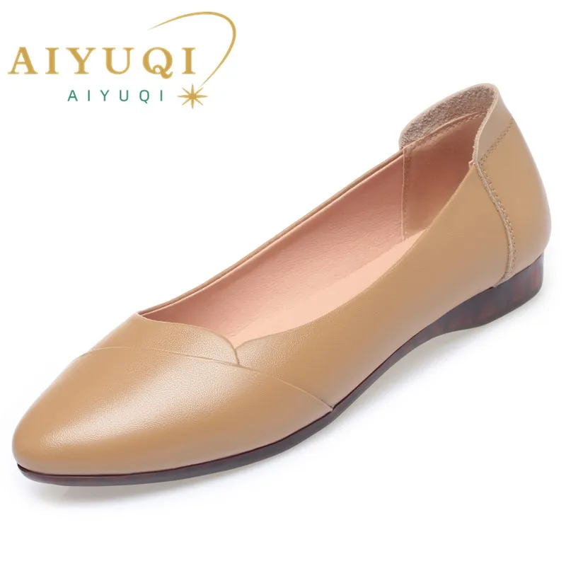 AIYUQI Women\'s Flat Shoes 2024 Spring New Genuine Leather Casual Shoes Women Large Size Non-Slip Mom Shoes