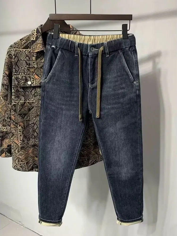 

Trendy Men's Jeans Elastic Waist Drawstring Deep Blue Slim Straight Leg Long Pants Autumn Winter Casual Elastic Trousers
