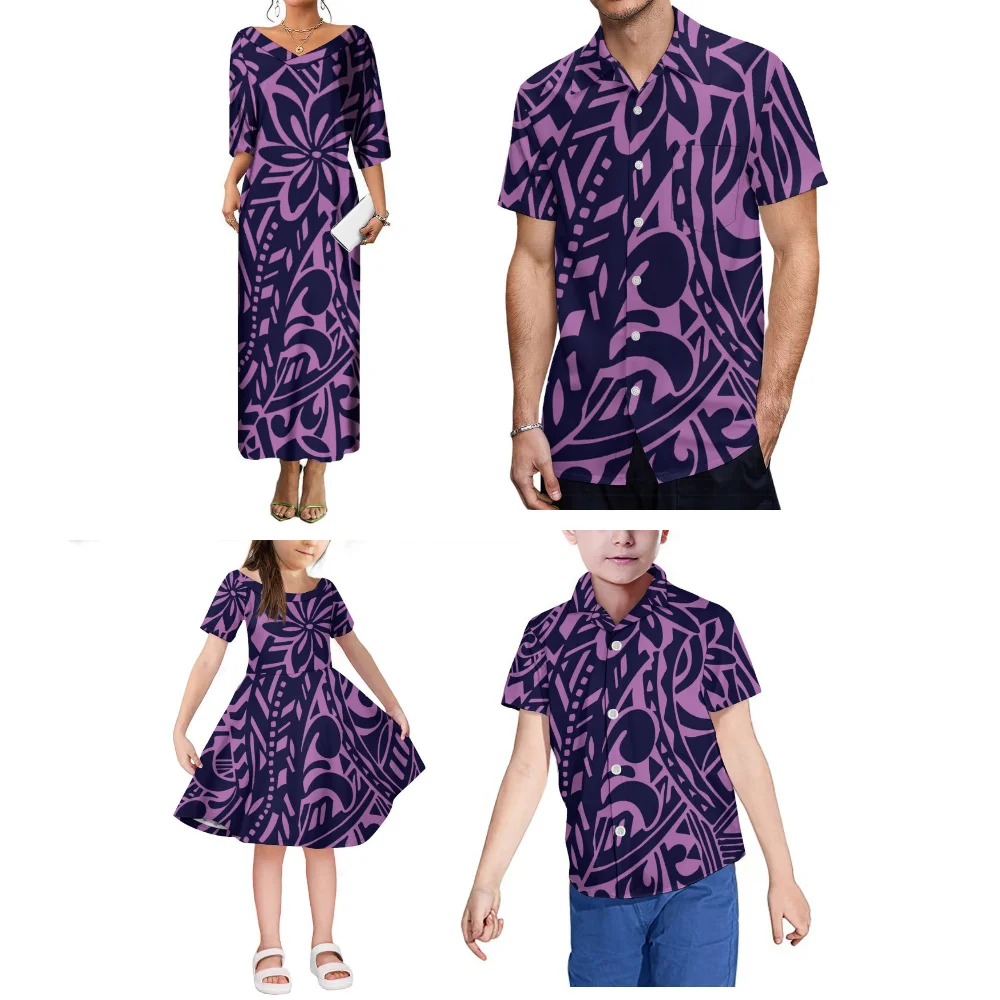 Vestido solto de manga curta de verão, camisa masculina da família polinésia, conjunto de quatro peças personalizado para festa de jantar com estampa floral