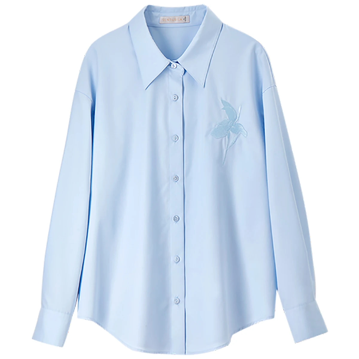 SENTUBILA, camisa informal para mujer, otoño 2025, estilo coreano, blusas holgadas de manga larga con bordado de plantas, blusas azules de un solo pecho 143C56002