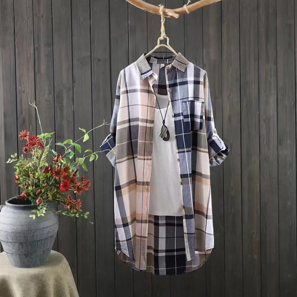 Breathable Women Blouse Colorful Plaid Print Women's Shirt with Pocket Loose Fit Lapel Long Sleeve Mid-length for Women