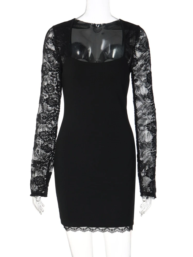 Ropa de mujer de encaje de retazos de manga larga vestido blanco ropa de calle Sexy ceñido al cuerpo paquete cadera corto fiesta noche Club vestidos negro