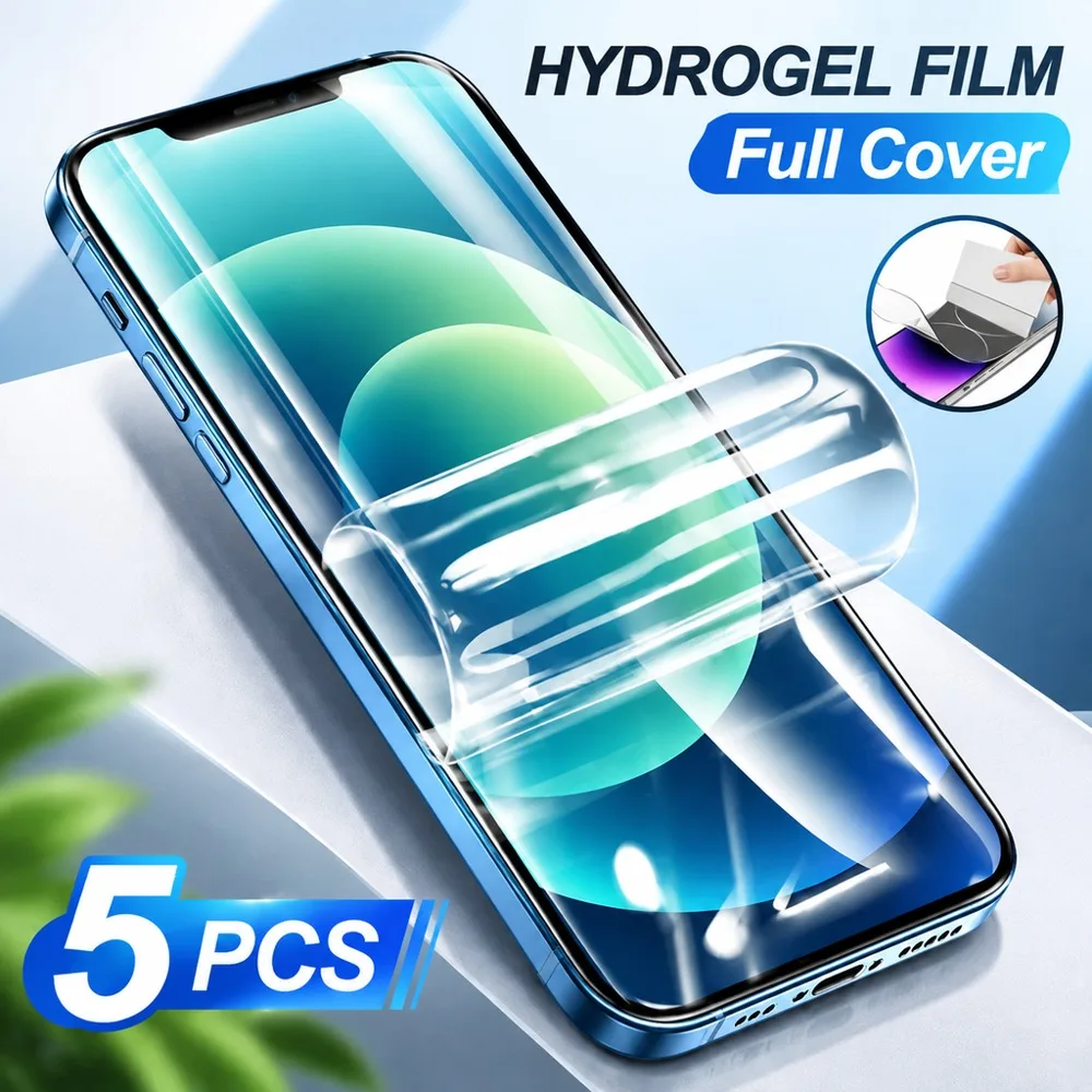 5 Stück Hydrogel-Folie für iPhone 13, 12, 11, 18, weiche Displayschutzfolie für iPhone 17, 16, 15, 14, bruchsicher, HD, kratzfest.